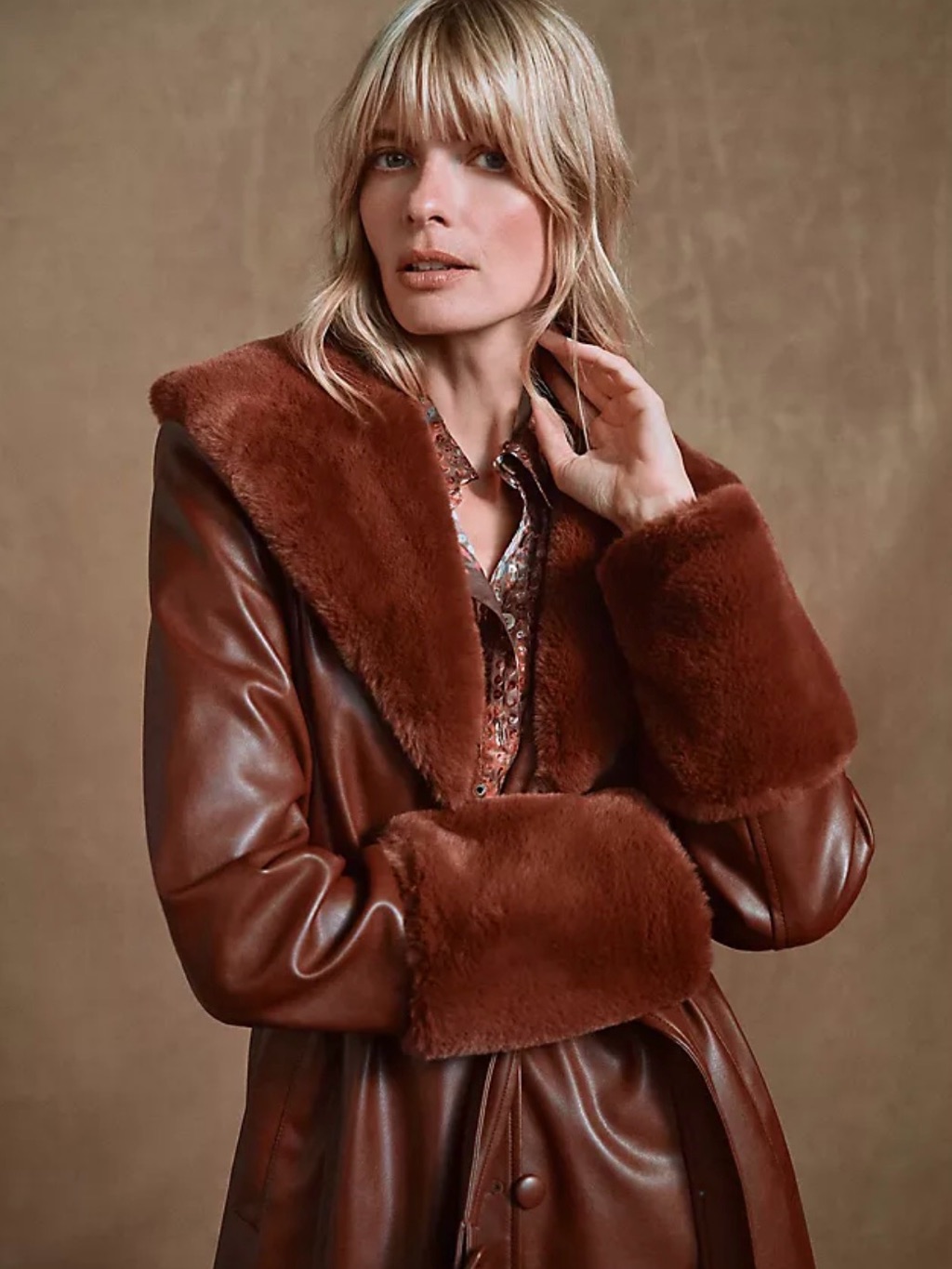 Avec Les Filles Rich Chestnut Faux Leather Jacket With Faux Fur Trim Medium